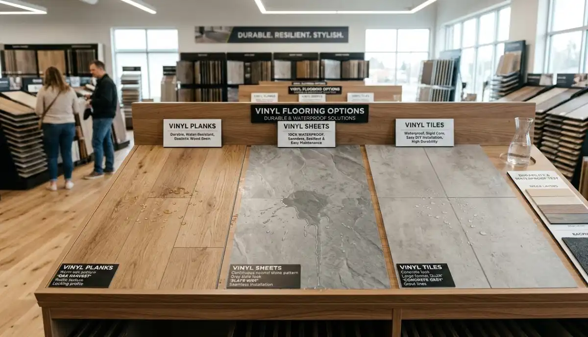 Vinyl flooring samples showing plank, sheet and tile formats with various wood and stone effects