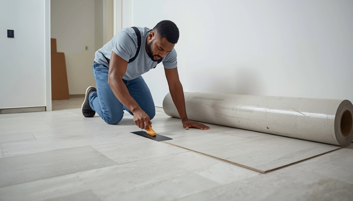 Vinyl flooring sheet installation adhesive being applied with a notched trowel before laying sheet vinyl