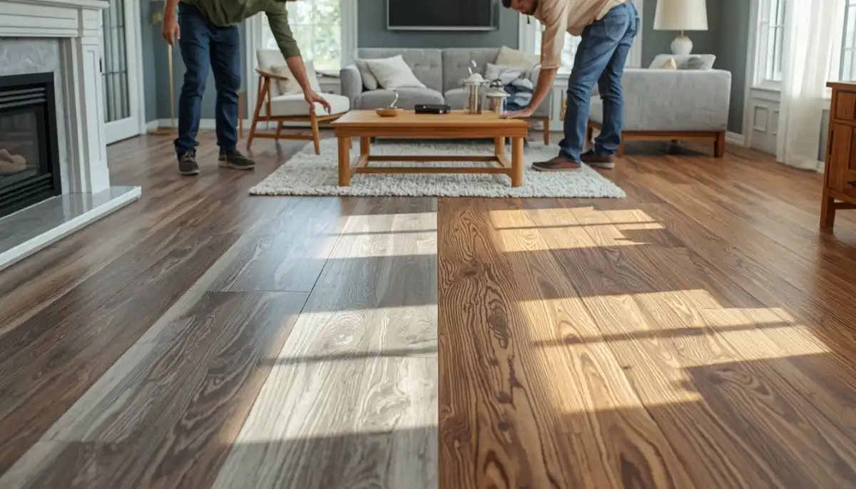 Vinyl vs laminate flooring pros cons costs South Africa – split image showing vinyl plank on one side and laminate on the other