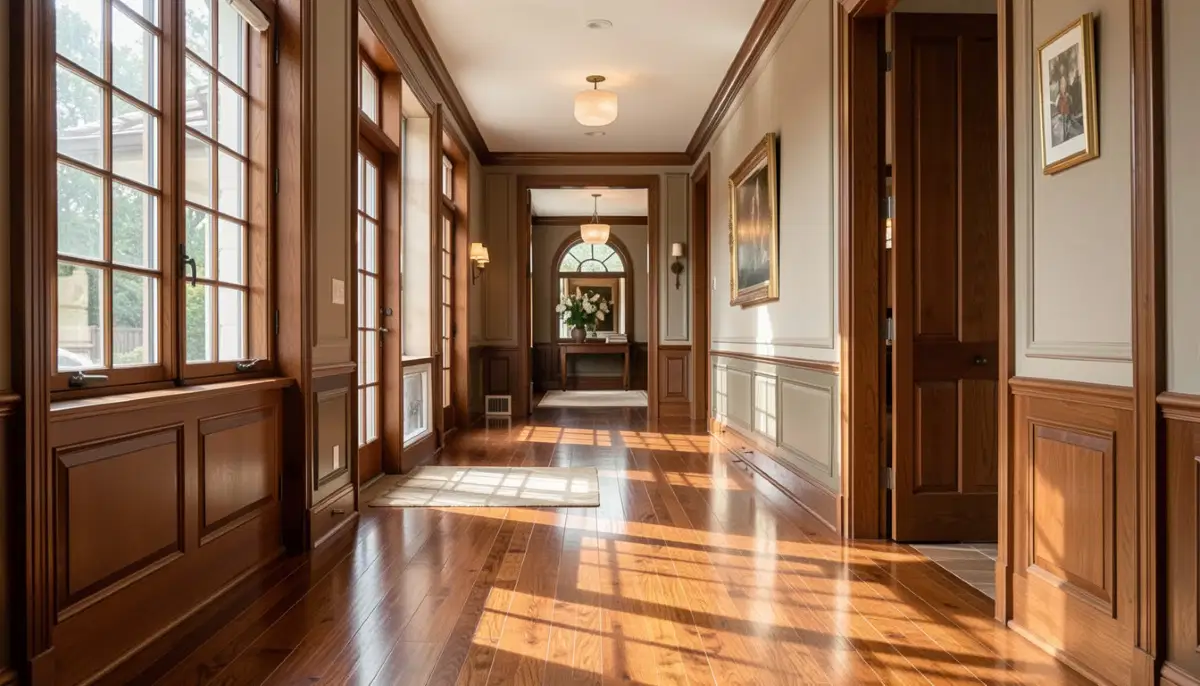 Polished wooden floor finished in a hallway with classic skirting boards and natural light creating a warm glow