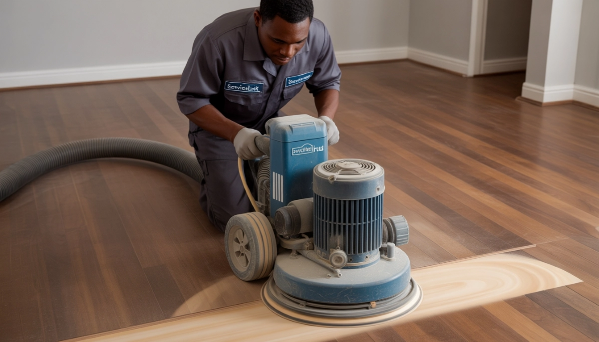 Wooden floor sanding and finishing process – professional drum sander being used to prepare hardwood floor for resealing