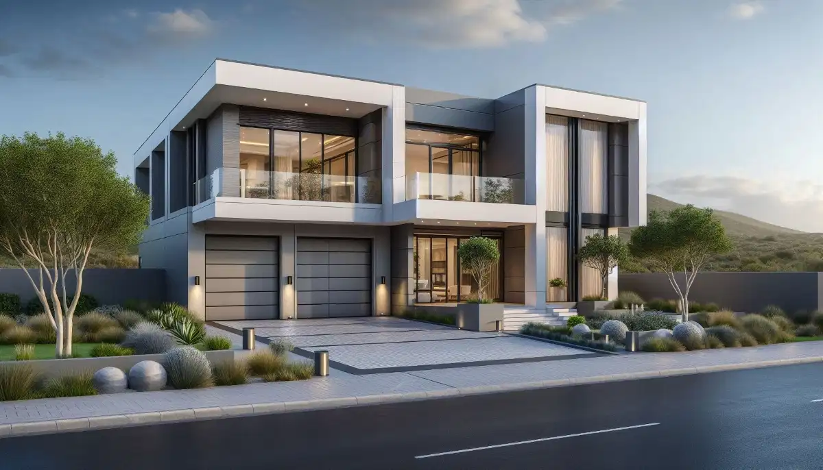 Double garage doors home exterior – modern automated double doors on upmarket residence