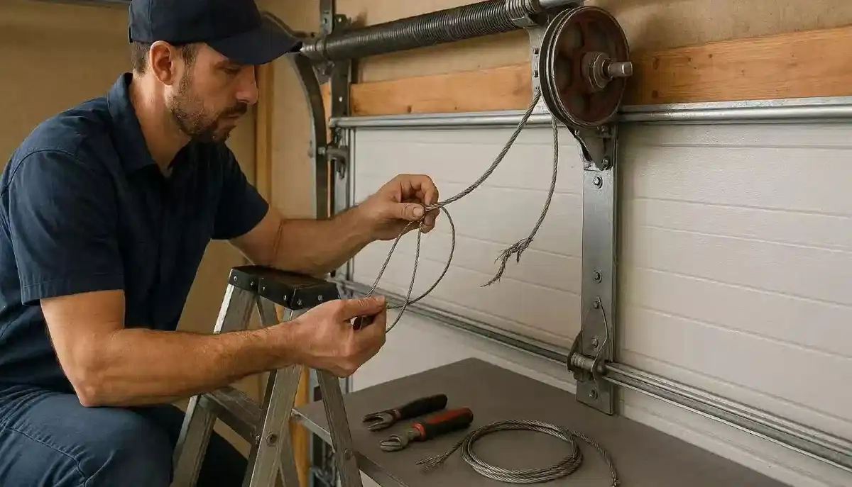 Garage door cable repair fix – damaged cable requiring professional replacement