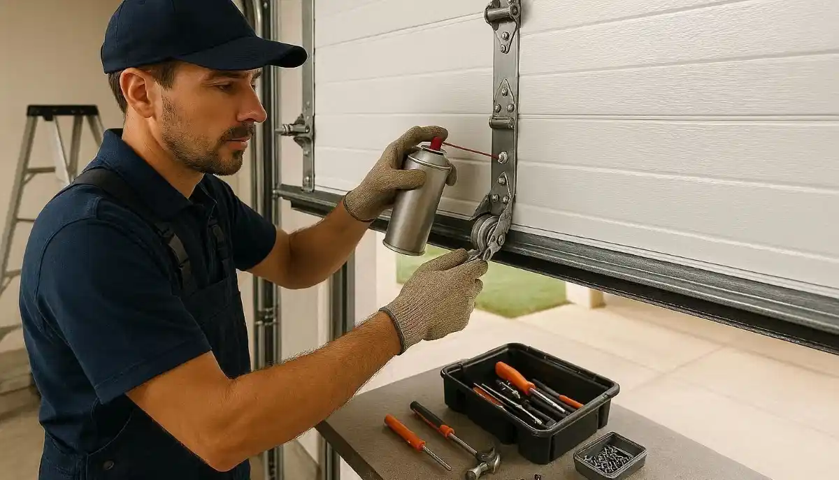 Garage door maintenance guide South Africa – homeowner lubricating garage door rollers and hinges