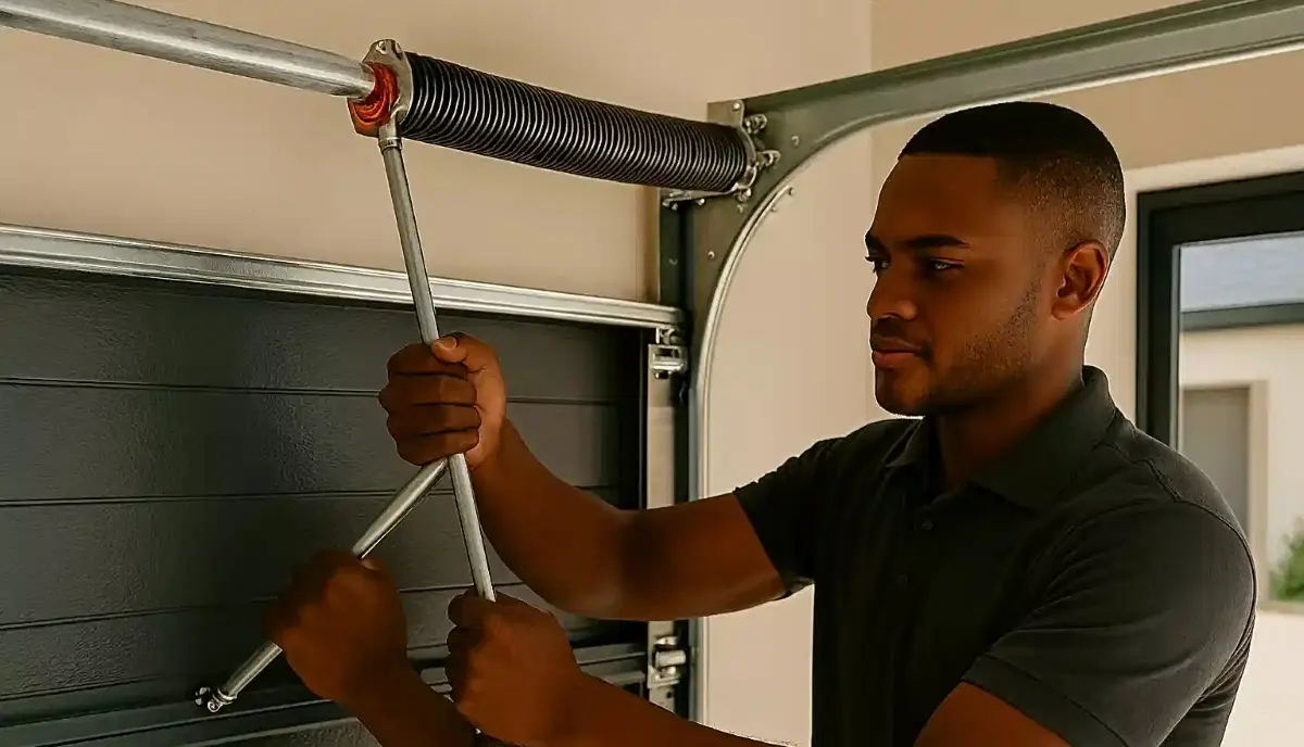 Garage door spring replacement repair – dangerous torsion spring requiring professional maintenance