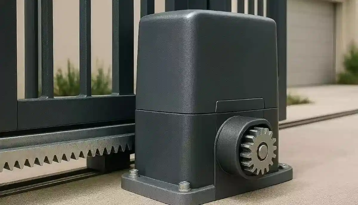 Sliding gate motor rack and pinion mechanism – close-up of gear engagement for smooth operation