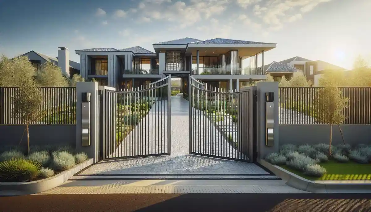 Swing gate pair installed entrance – elegant double swing gates at property entrance