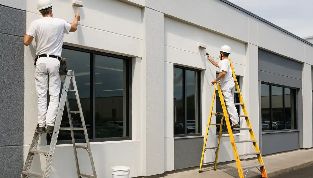 Commercial building facade painting – professional painting contractor at work