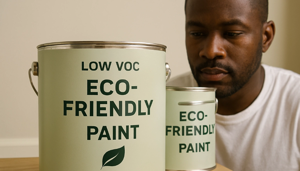 Low VOC eco paint can label showing environmental certification and VOC content