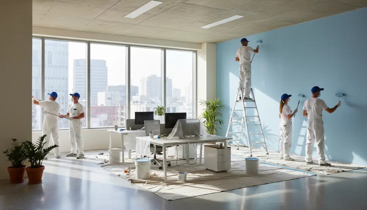 Open plan office painting team – commercial painters working in modern office space