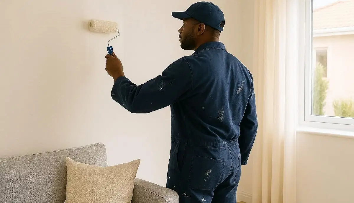 Painter applying interior paint to living room wall – professional interior painting
