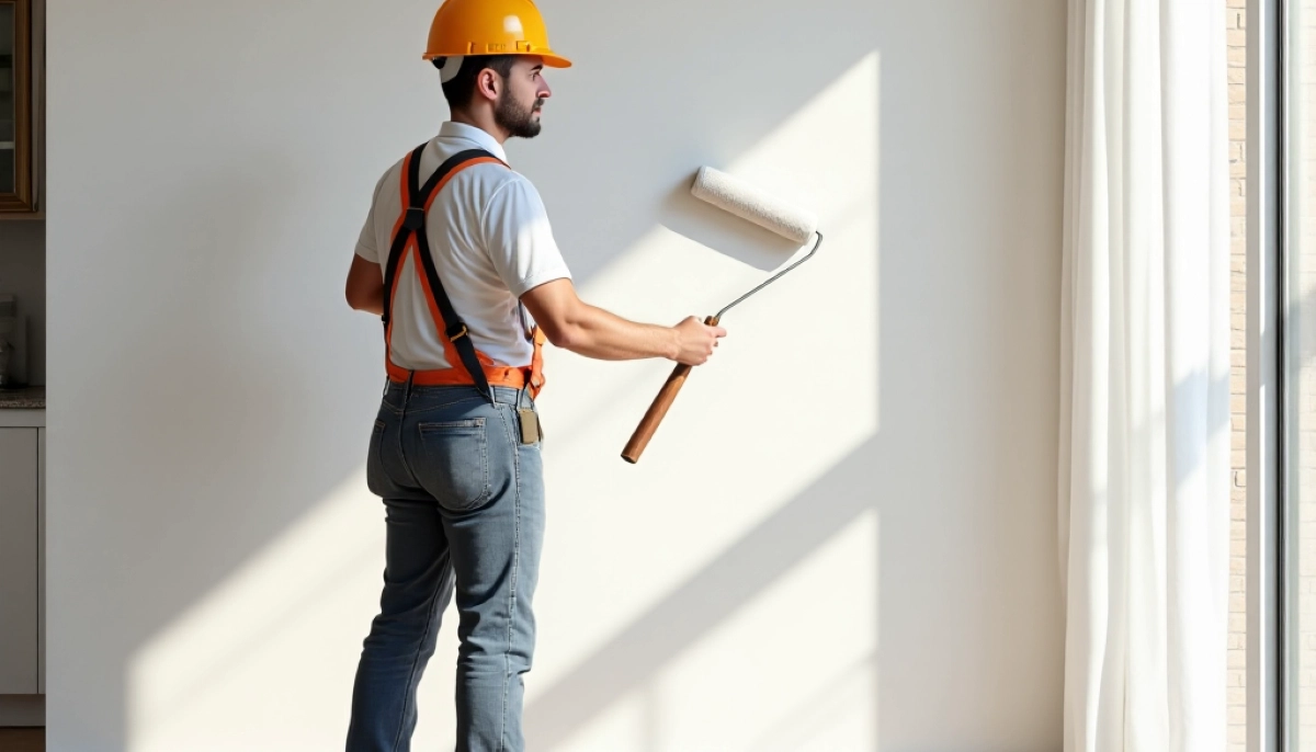 Professional painter using roller on wall – house painting in progress