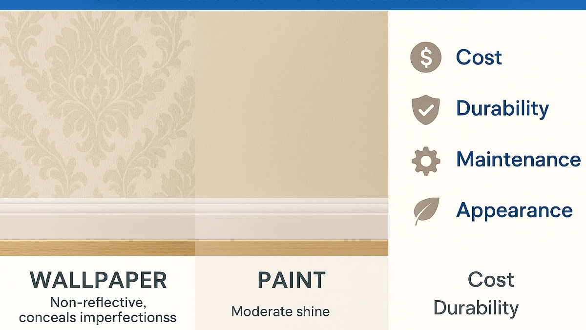 Wallpaper vs paint comparison chart showing cost, durability and maintenance differences