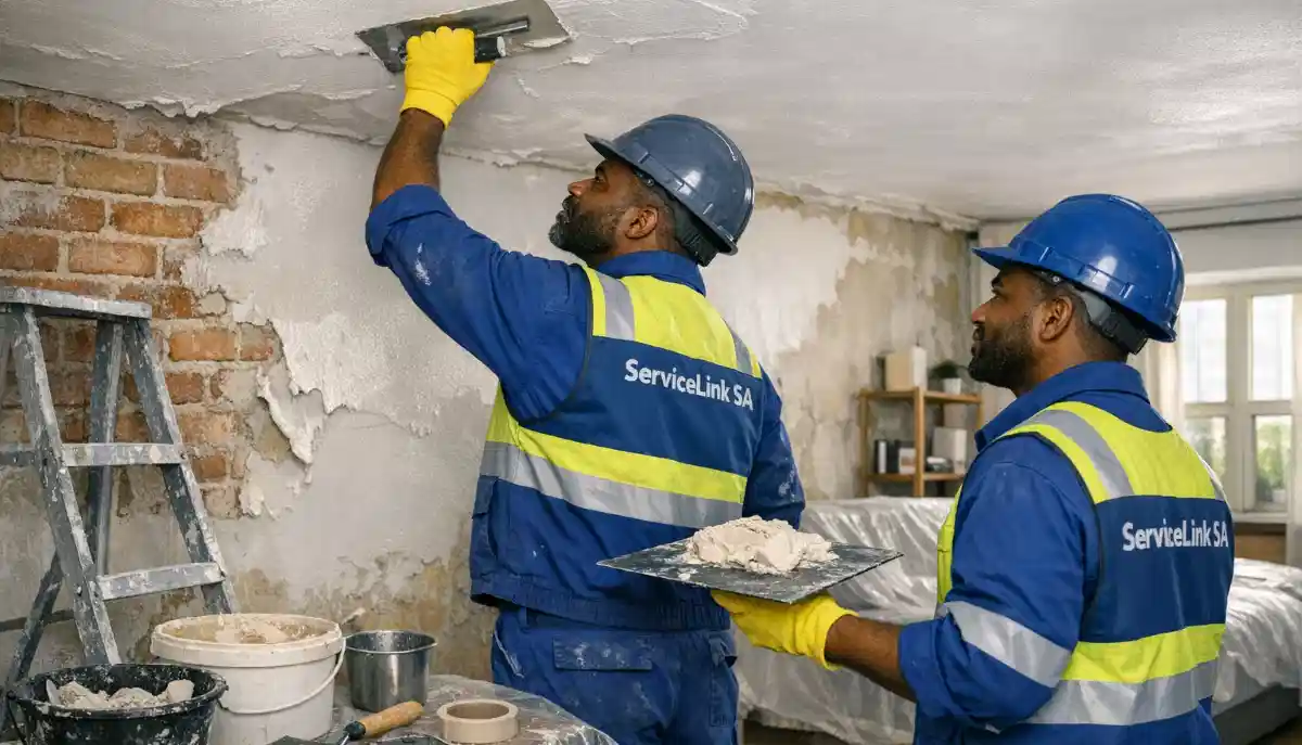 Bedroom ceiling plastering – smooth ceiling finish in modern bedroom with natural light