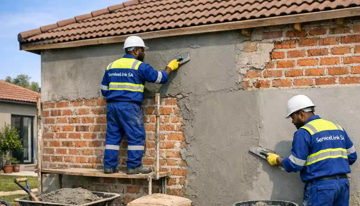 Boundary wall plastering – worker applying render to garden boundary wall with straight edge