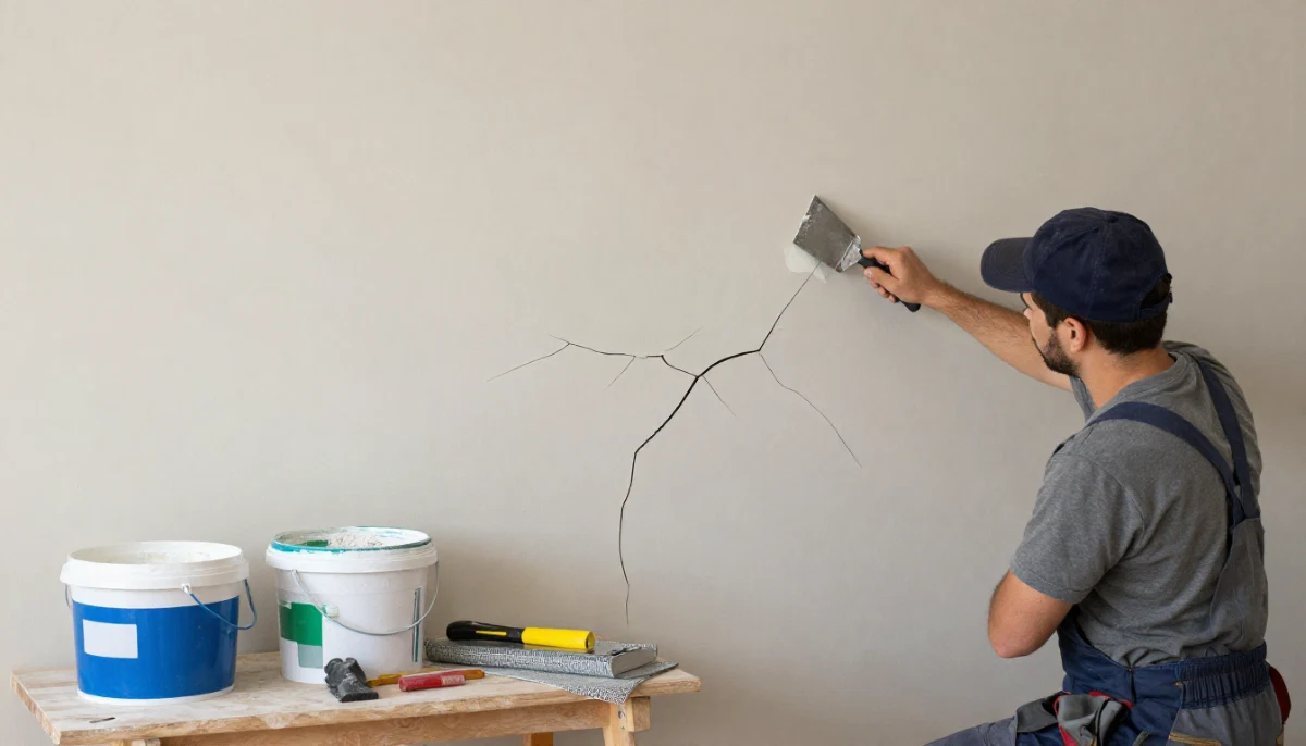 Causes fixes plaster crack repairs South Africa – close up of wall crack being filled with repair mortar and trowel