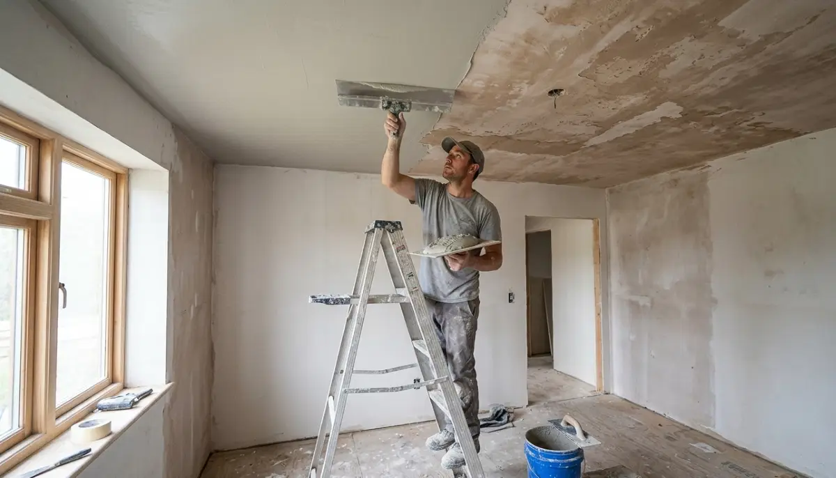 Ceiling wall skimming cost South Africa – plasterer applying thin skim coat to ceiling for smooth finish