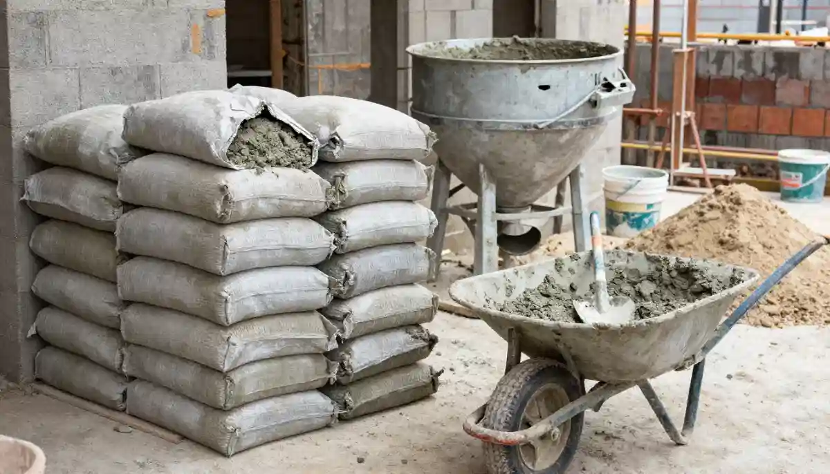 Cement plaster bag mix – traditional cement plaster bag with sand and mixing tools