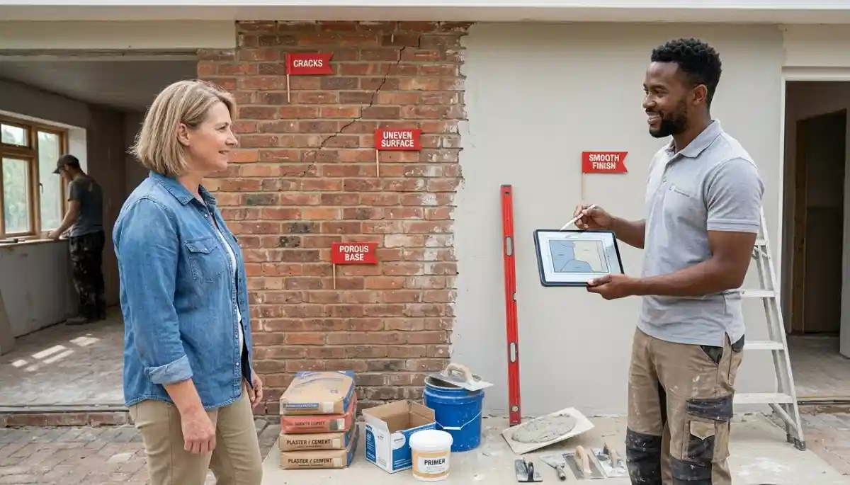 Choose reliable plastering contractor South Africa – homeowner shaking hands with professional plasterer after site consultation