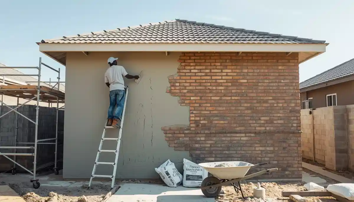 Exterior wall plastering costs benefits techniques South Africa – house facade being rendered with scaffolding and protective nets