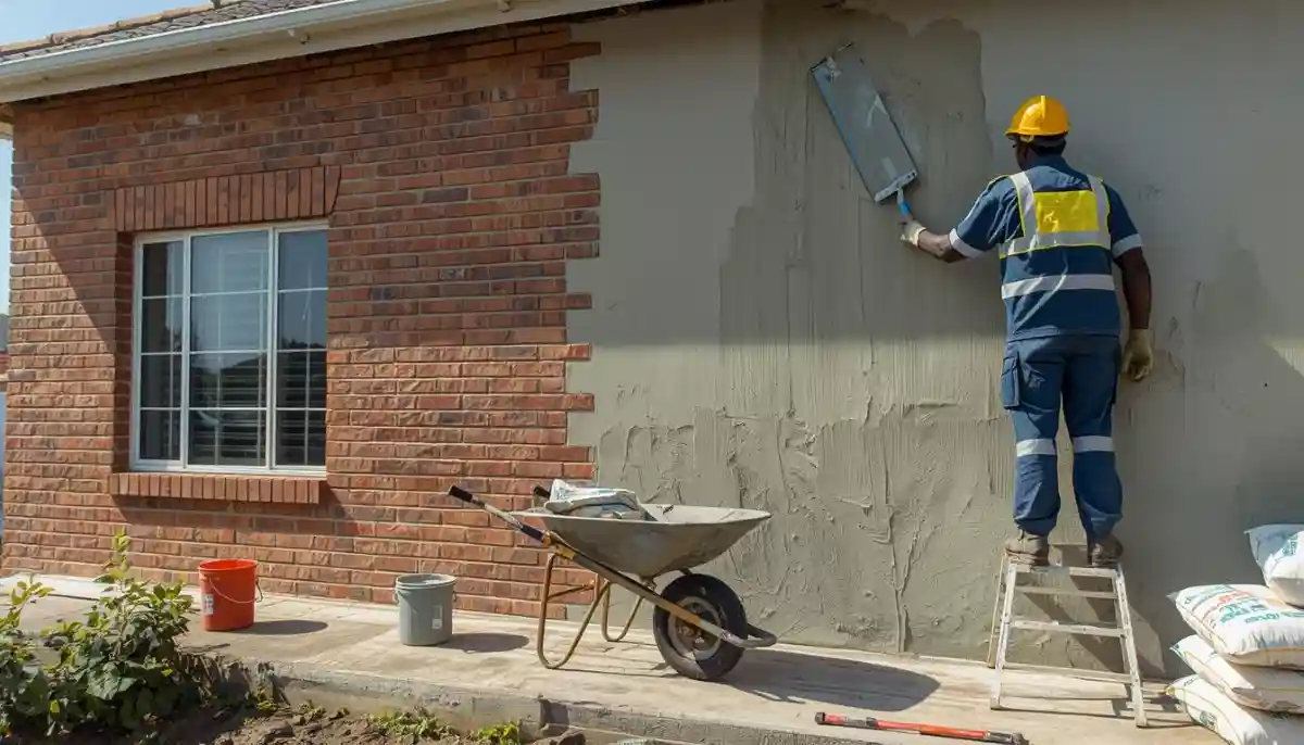 House exterior wall rendering – workers applying render to house facade with scaffolding and protective sheeting