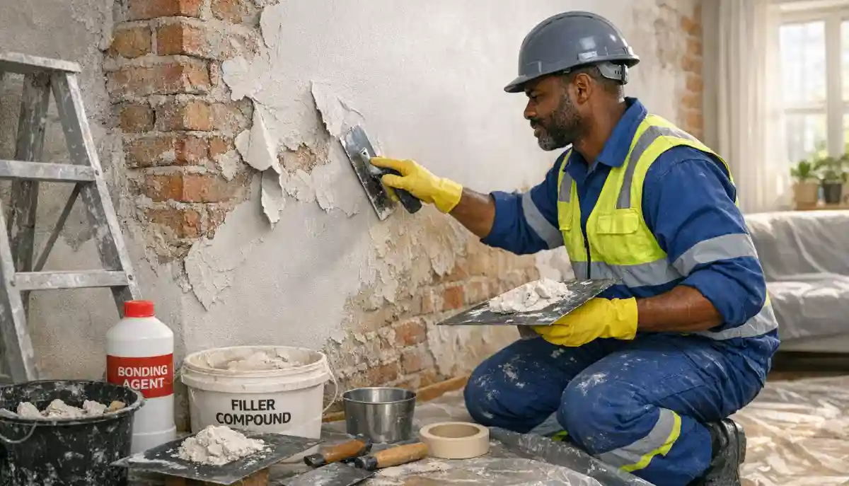 Living room wall plastering – spacious lounge with beautifully finished walls and feature textured panel