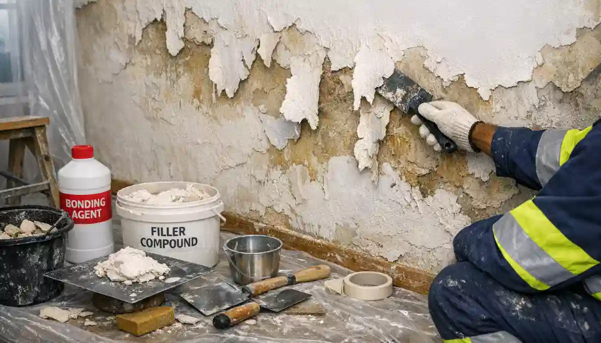 Peeling plaster repair restoration – removing loose plaster and preparing wall for restoration work