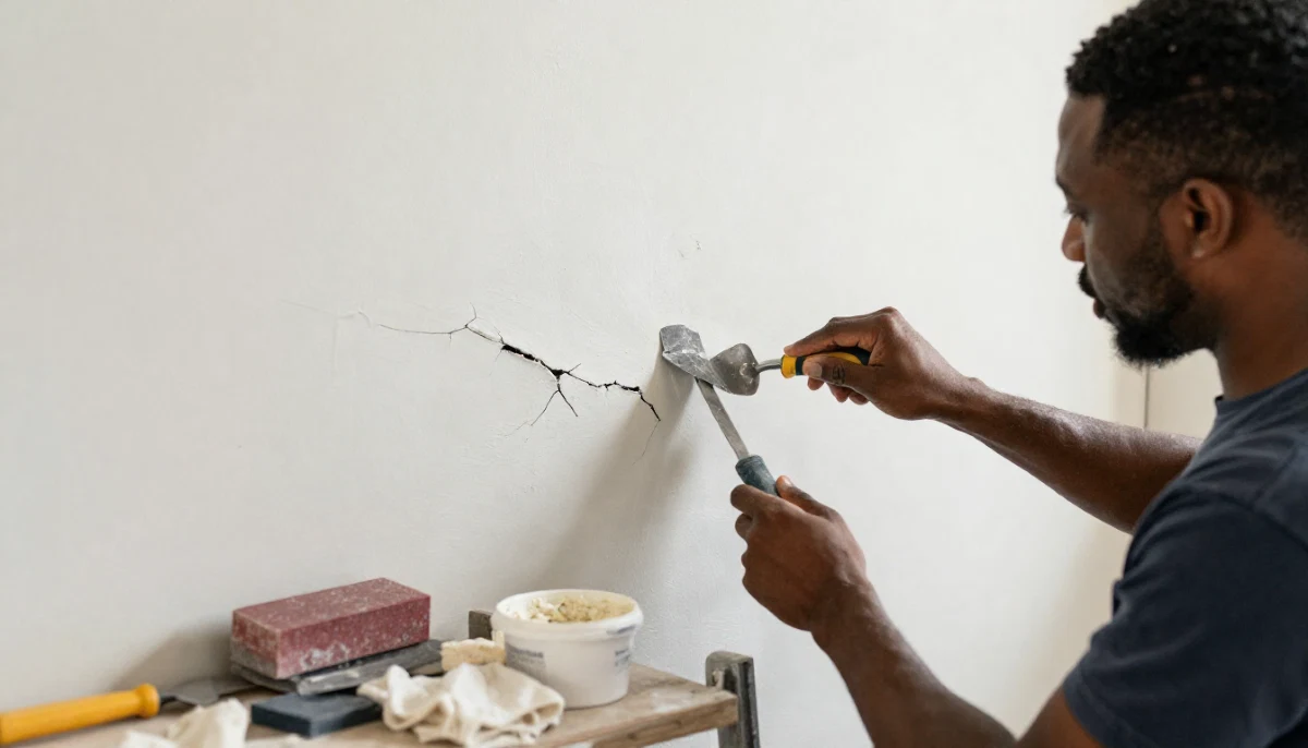Plaster crack repair filling – close up of filling shrinkage crack in wall with filler