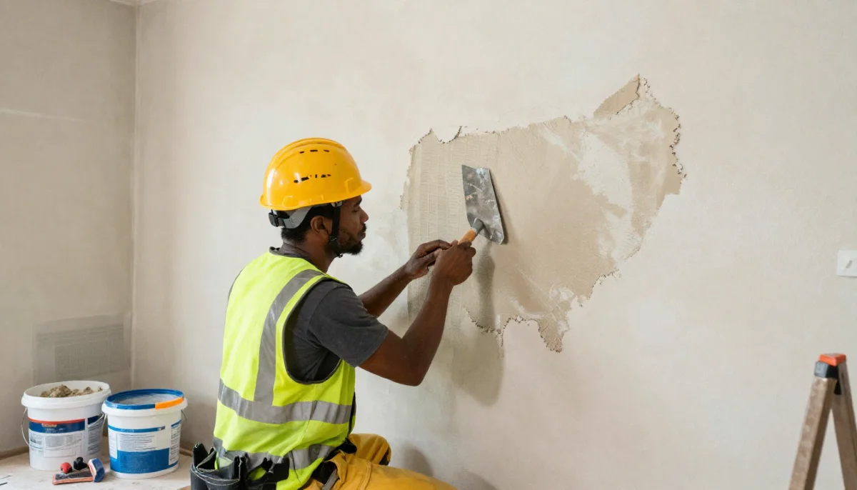 Plaster hole patch repair wall – cutting out damaged section and applying fresh plaster to repair hole
