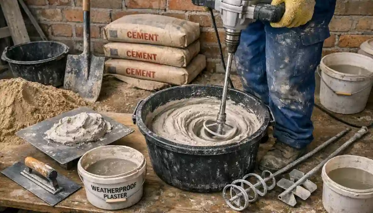 Plaster mixer mixing tools – heavy duty drill with paddle mixer preparing plaster in bucket