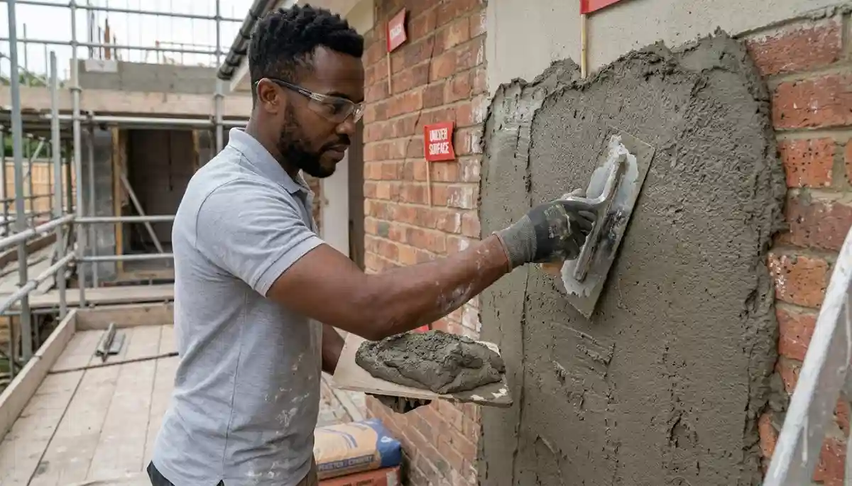 Plasterer applying cement render wall – professional trowelling plaster onto prepared brick surface