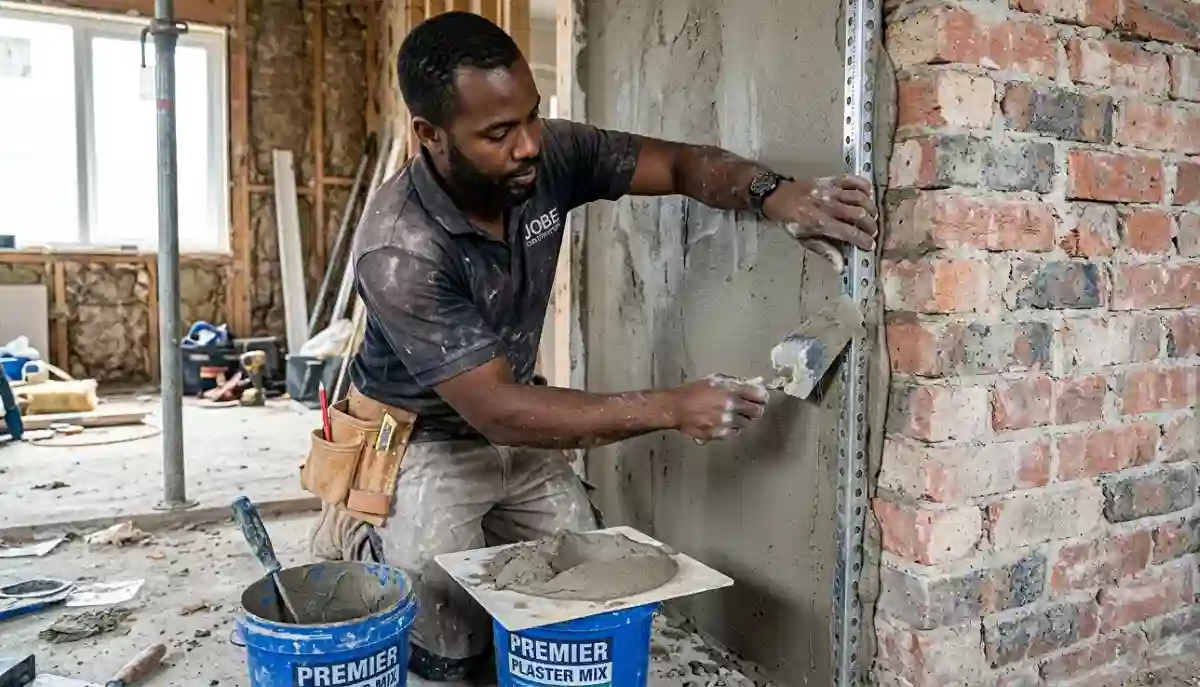 Plasterer corner bead installation – fitting metal corner bead on wall edge for reinforcement and straight finish