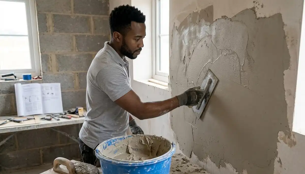 Plasterer floating smoothing surface – using darby to level plaster on wall for flat finish