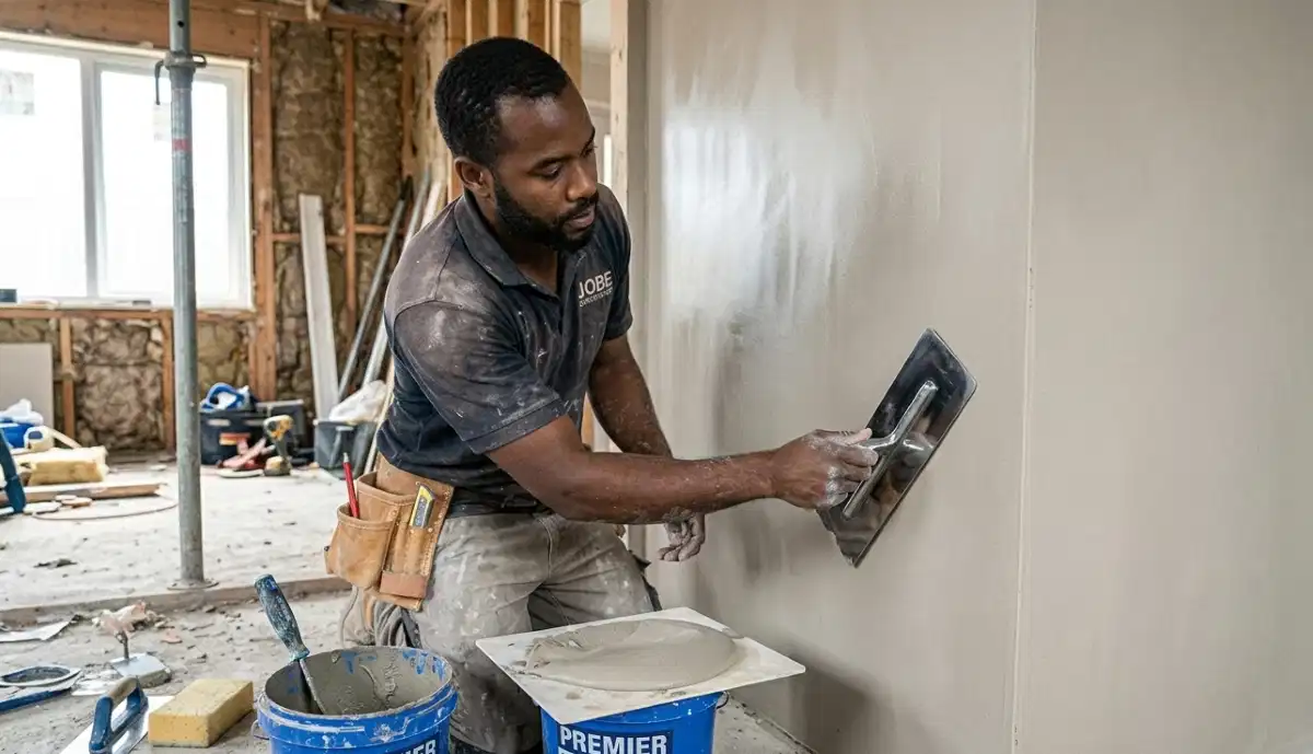 Plasterer trowelling finish coat – applying thin skim coat to wall for smooth surface