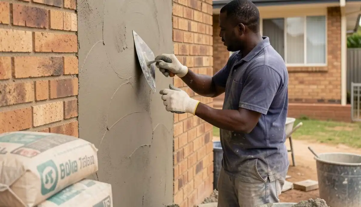 Plastering cost South Africa – professional plasterer applying cement render to interior wall with trowel