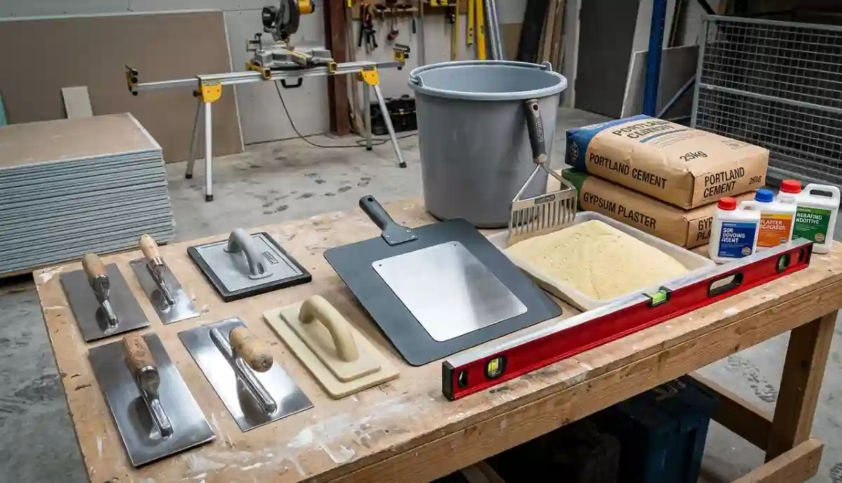 Plastering tools and materials South Africa – collection of trowels, floats, plaster bags and mixing equipment