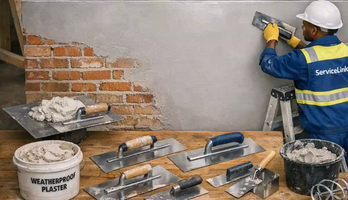 Plastering trowels floats tools – collection of professional plastering tools laid out on workbench
