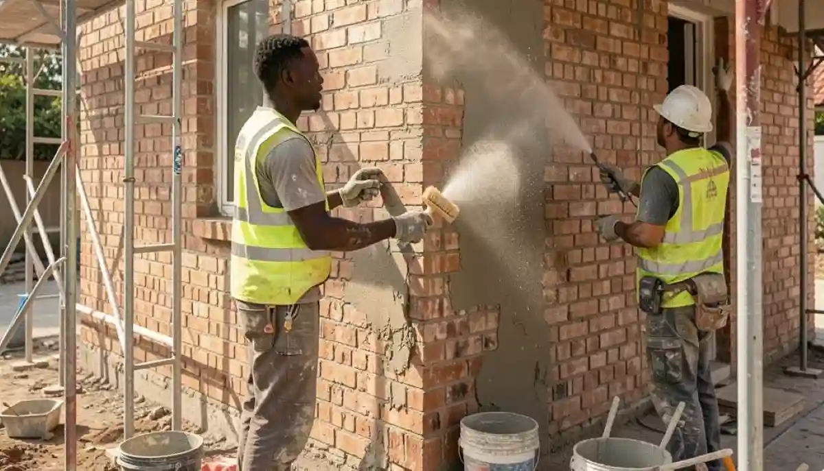 Preparing walls for plastering South Africa – worker raking out mortar joints on brick wall before plaster application