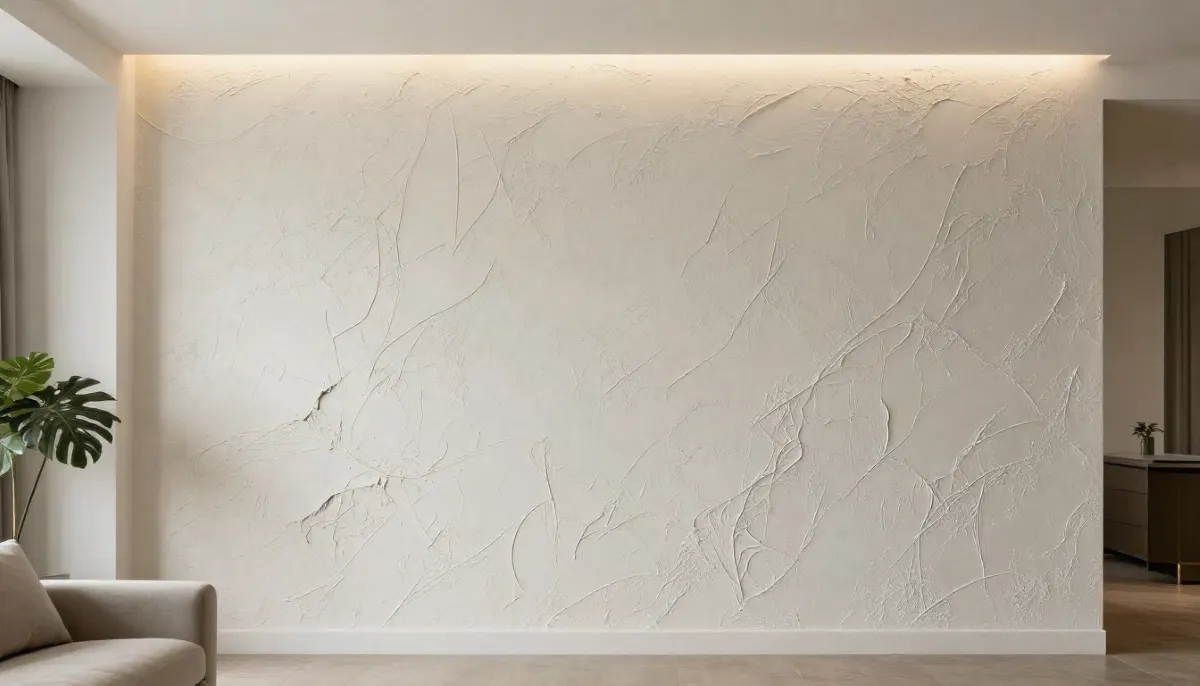 Textured plaster finish feature wall – hand-applied decorative texture creating sculptural effect in modern living room