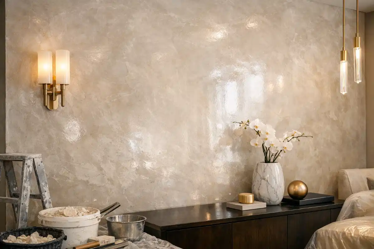 Venetian polished plaster finish – smooth marble-like wall surface with subtle sheen in elegant interior