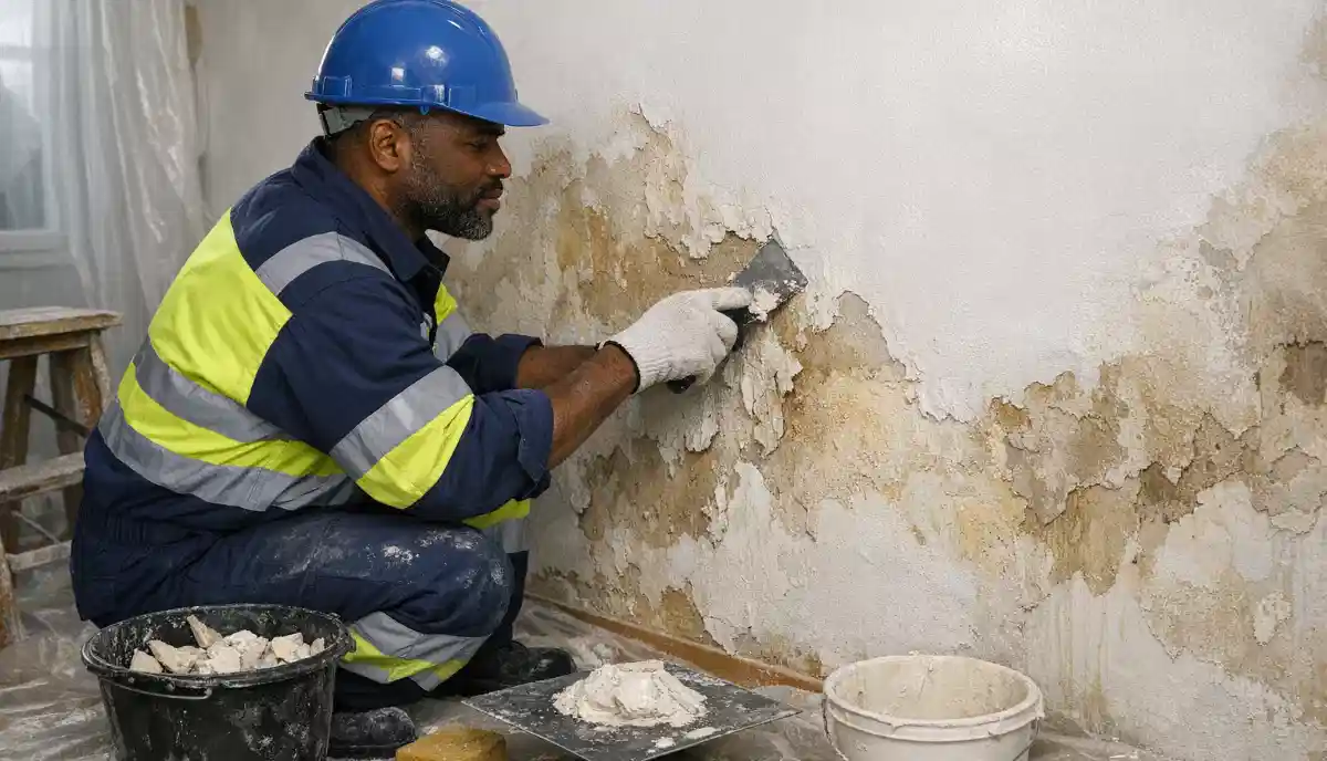Water damaged plaster repair – cutting out damaged section caused by moisture before replastering