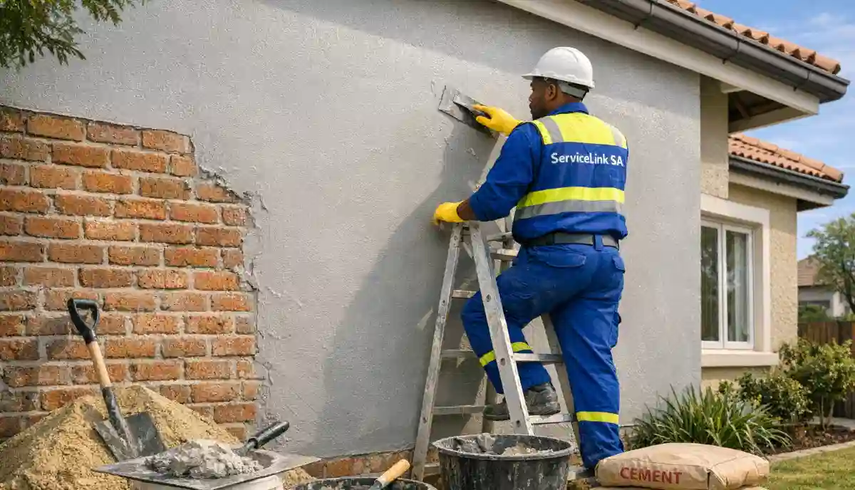 Weatherproof exterior plaster finish – textured facade finish resisting rain and UV on modern home