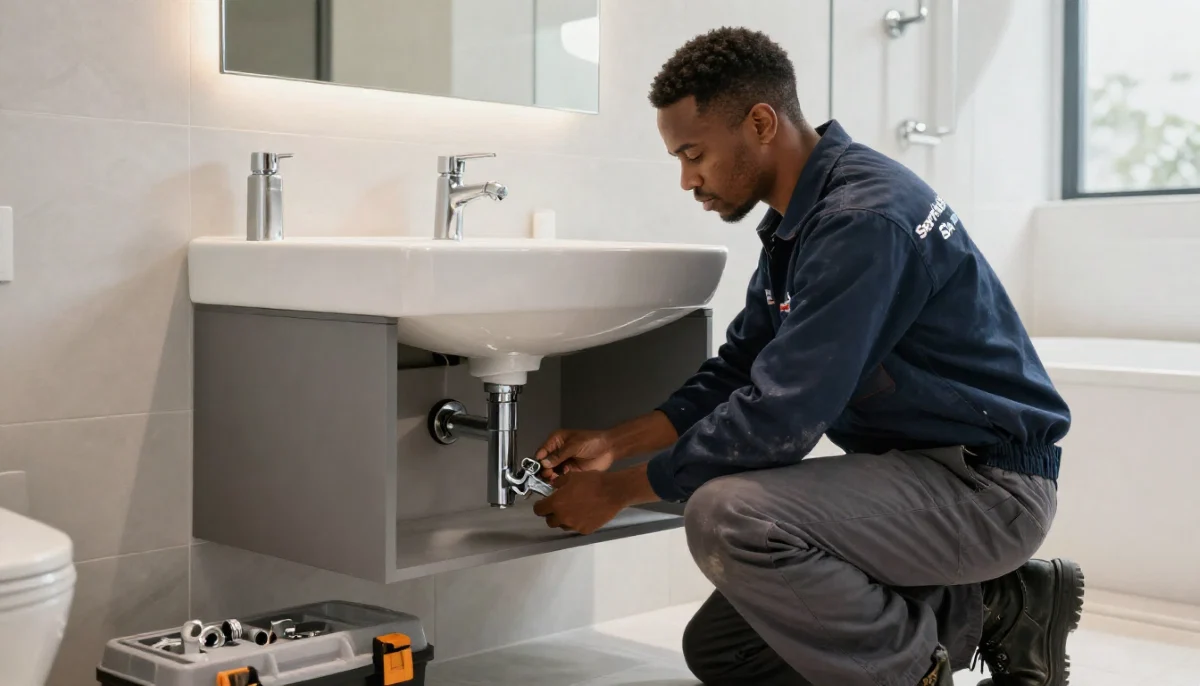 Plumber installing bathroom sink with proper pipe connections and sealing