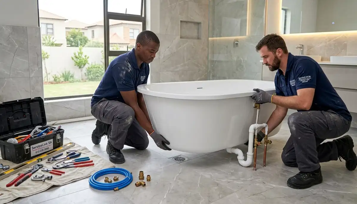Bathroom renovation showing bathtub and sink placement in complete bathroom setup