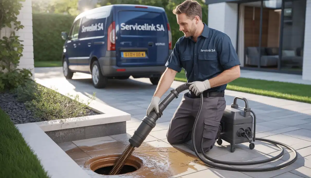 Professional drain cleaning service using hydro-jetting to remove tree roots from sewer line