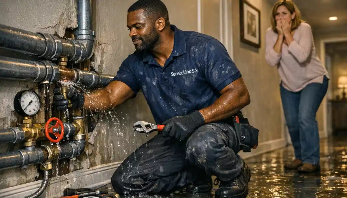 Burst water pipe flooding floor in South African home showing urgent emergency plumbing situation