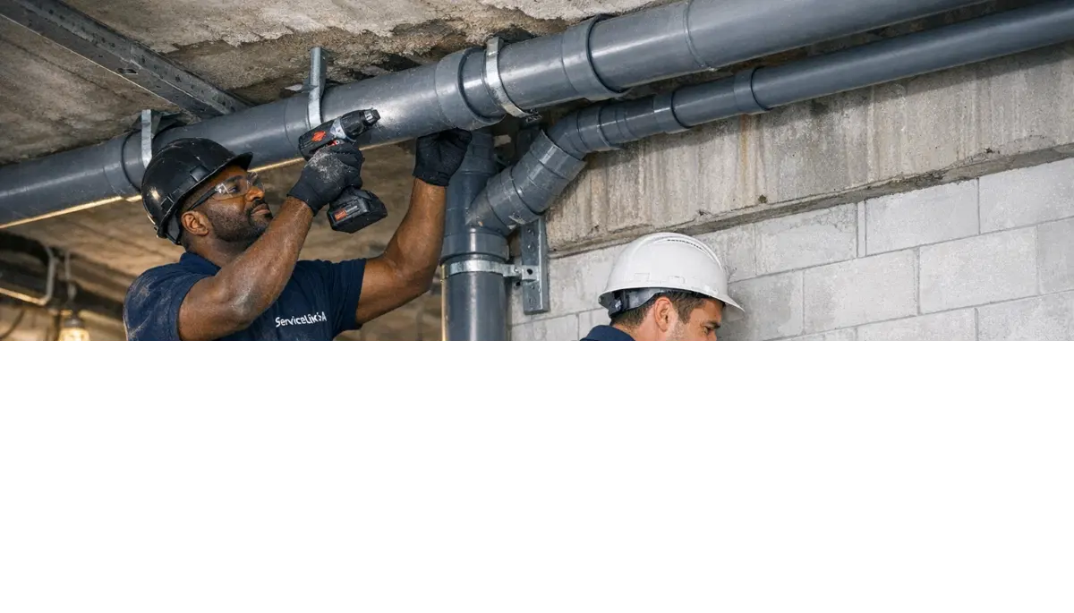 Commercial plumbing installation in office building showing large diameter pipes and industrial fittings