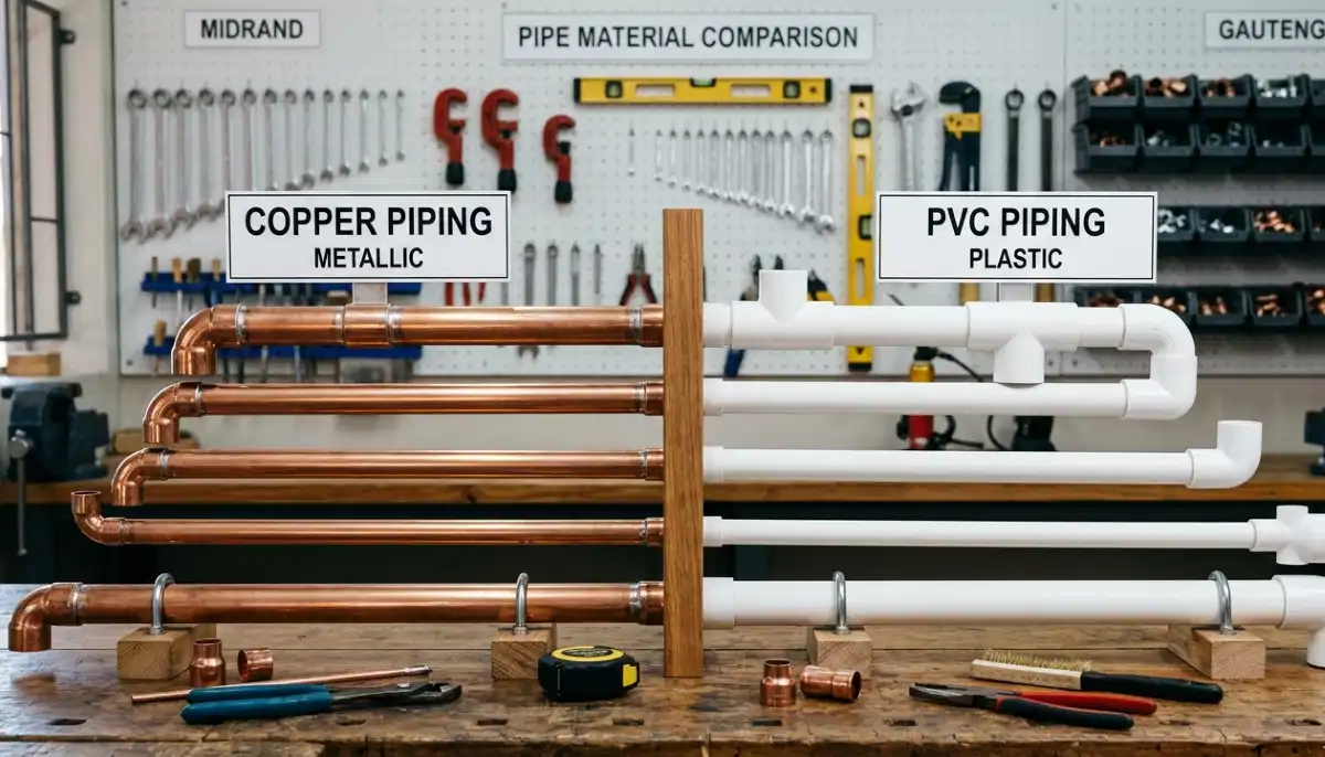 Comparison of copper pipes versus PVC pipes showing material differences relevant to plumbing COC compliance