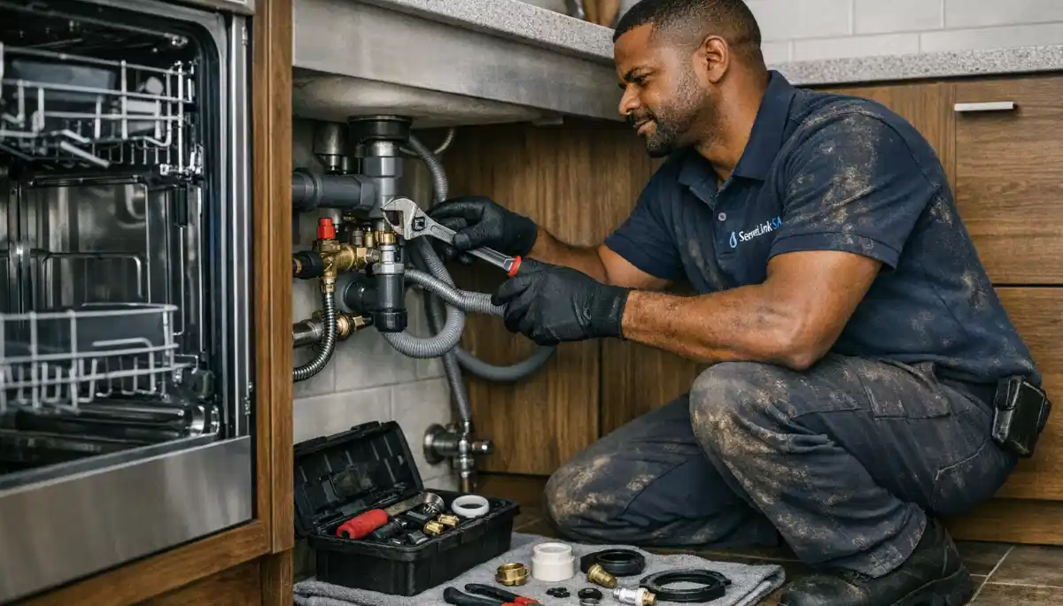 Dishwasher installation plumbing showing connection to garbage disposal unit