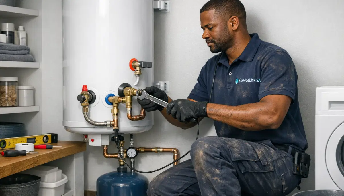 Professional electric geyser installation in South African home showing proper mounting and pipe connections